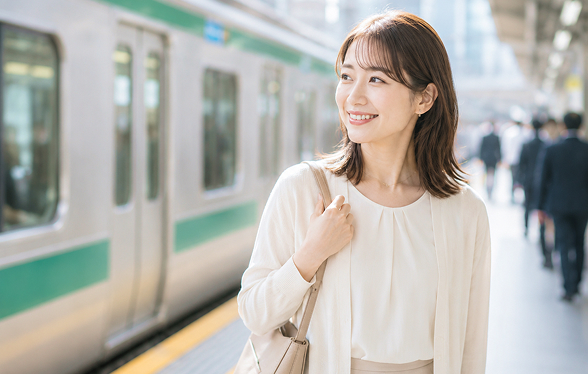電車のホームで電車を背景に立つ女性