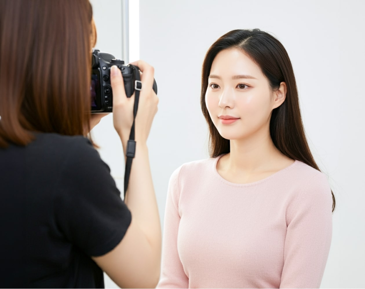 写真を撮られているモニターの女性。