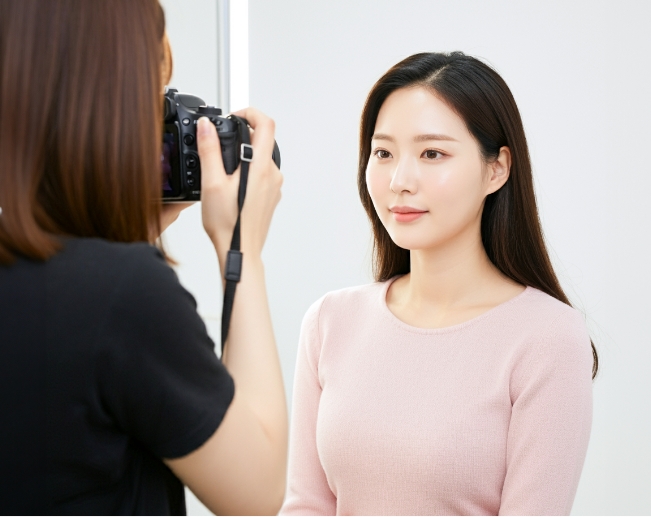 写真を撮られているモニターの女性。