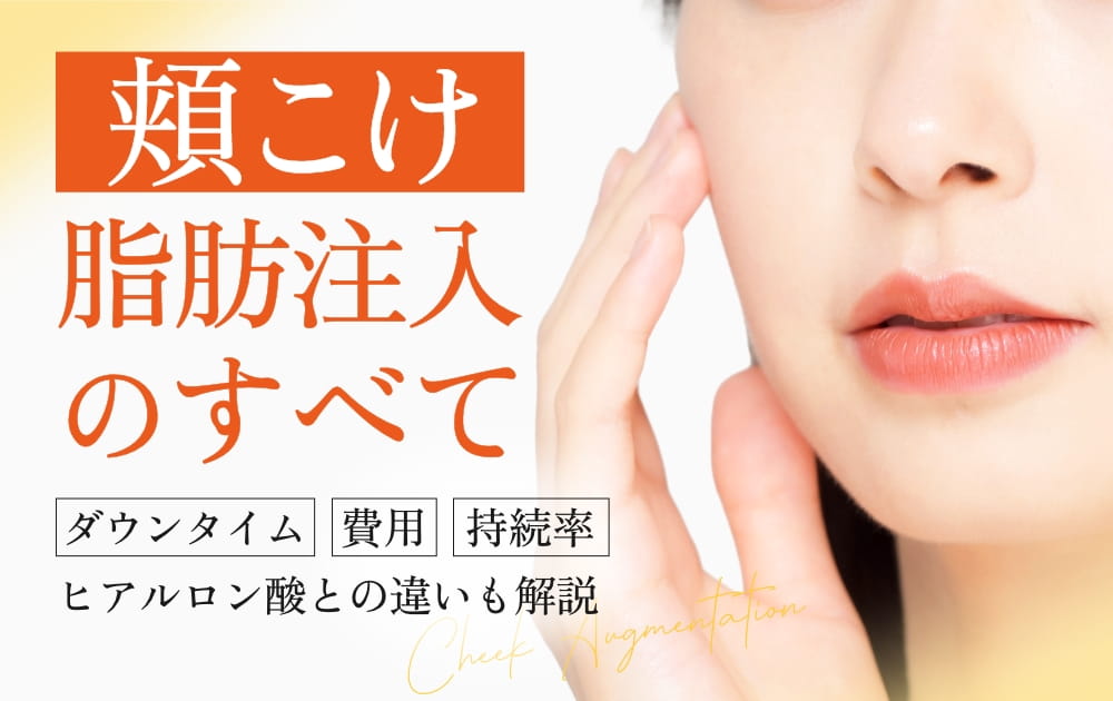 女性の頬に手を当てるクローズアップと頬こけ脂肪注入の文字